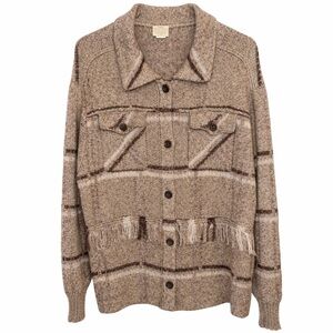 Telluride Clothing Company Fringe Button Front Sweater Plaid Tan Brown XL